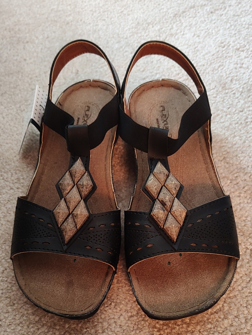 Women's Black Slingback Sandals with Decorative Gem-Tile Accent